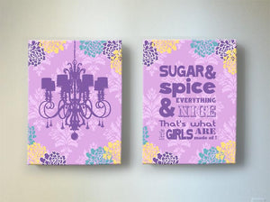 Princess Room Decor - Sugar & Spice & Chandelier Art - Princess Nursery Art Canvas Decor - Set of 2 - Choose From Designer Colors-MuralMax Interiors