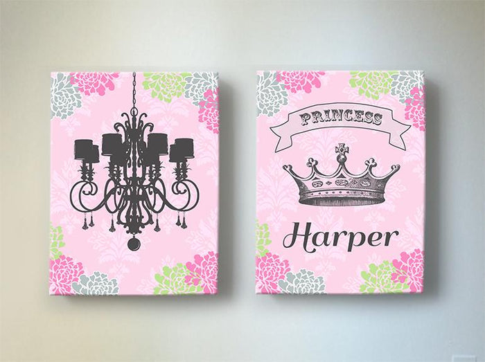 Princess Wall Art - Personalized Princess Crown & Chandelier Canvas Art - Set of 2 - Choose From Designer Colors