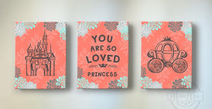 Princess You Are So Loved Baby Girl Nursery Decor Princess Room Decor - Princess Castle Inspirational Quote Canvas Art- Set of 3-MuralMax Interiors