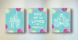 Princess You Are So Loved Baby Girl Nursery Decor Princess Room Decor - Princess Castle Inspirational Quote Canvas Art- Set of 3-MuralMax Interiors