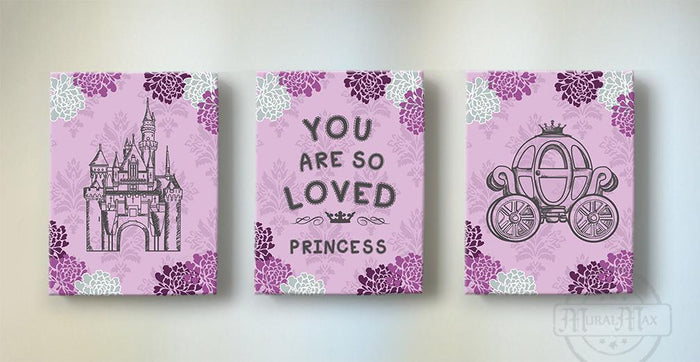 Princess You Are So Loved Baby Girl Nursery Decor Princess Room Decor - Princess Castle Inspirational Quote Canvas Art- Set of 3