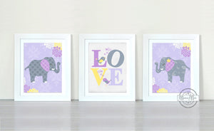 Purple and Gray Elephant Nursery Wall Art - Unframed Prints - Set of 3 Floral Art Prints-MuralMax Interiors