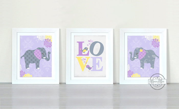 Purple and Gray Elephant Nursery Wall Art  - Unframed Prints - Set of 3 Floral Art Prints