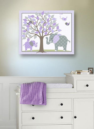 Purple and Gray Girl Room Decor Whimsical Elephants Under Tree Canvas Wall Art-MuralMax Interiors