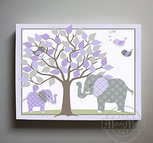 Purple and Gray Girl Room Decor Whimsical Elephants Under Tree Canvas Wall Art