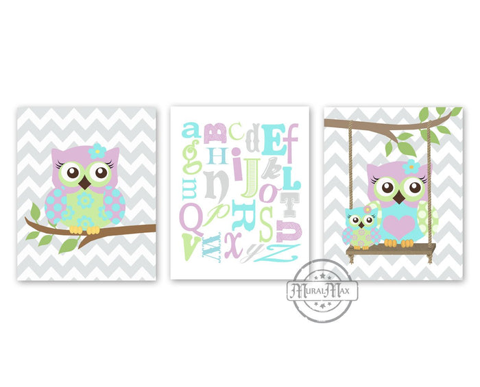 Purple Aqua Girl Room Decor - Educational Chevron Owl & Alphabet Decor - Unframed Prints - Set of 3