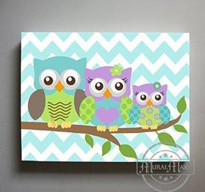 Purple & Aqua Nursery Decor - Owl Family Of 3 Canvas Art - Chevron Nursery Wall Decor-MuralMax Interiors