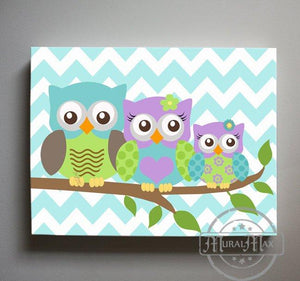 Purple & Aqua Nursery Decor - Owl Family Of 3 Canvas Art - Chevron Nursery Wall Decor-MuralMax Interiors