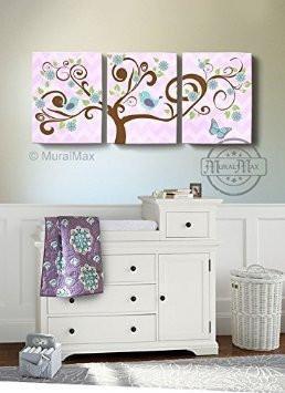 Purple Brooklyn Nursery Art Tree Birds & Butterflies - Canvas Wall Art - Set of 3-MuralMax Interiors