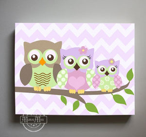 Purple Nursery Decor - Owls Family Canvas Decor - The Owl Family Of 3 Collection-MuralMax Interiors