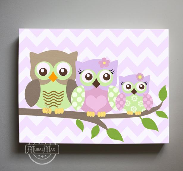 Purple Nursery Decor - Owls Family Canvas Decor - The Owl Family Of 3 Collection