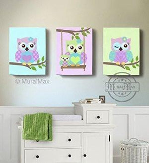 Purple Owl Baby Girl Nursery Decor - Swinging Owls Canvas Decor - Whimsical Owl Collection - Set of 3-MuralMax Interiors