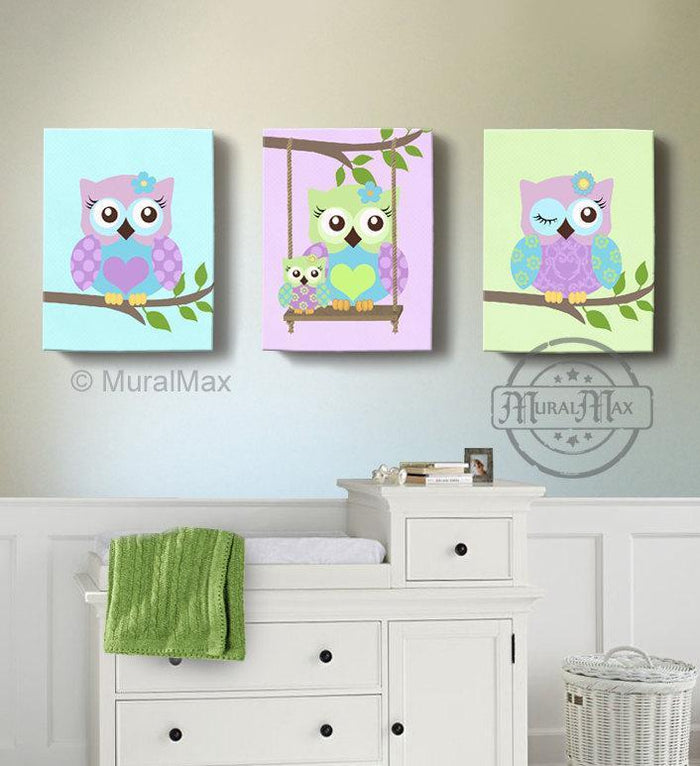 Purple Owl Baby Girl Nursery Decor - Swinging Owls Canvas Decor - Whimsical Owl Collection - Set of 3
