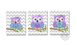 Purple Owl Baby Nursery Art - Modern Chevron Owl Decor - Unframed Prints - Set of 3-MuralMax Interiors