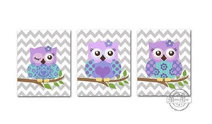 Purple Owl Girl Room Wall Art - Unframed Prints - Set of 2-Lavender Owl Art-MuralMax Interiors