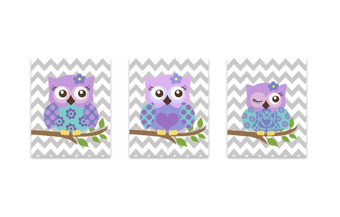 Purple Owl Girl Room Wall Art - Unframed Prints - Set of 2-Lavender Owl Art