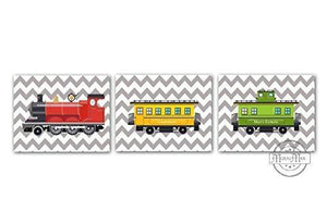 Railroad Train Cars Theme - Chevron Unframed Prints- Set of 3-B018KOBX1M-MuralMax Interiors