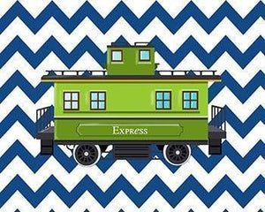 Railroad Train Cars Theme - Chevron Unframed Prints - Set of 3 - Navy - Red - Yellow - Green & White-B018KOCJJM-MuralMax Interiors
