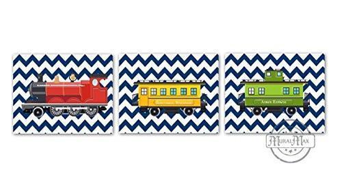 Railroad Train Cars Theme - Chevron Unframed Prints - Set of 3 - Navy - Red - Yellow - Green & White-B018KOCJJM