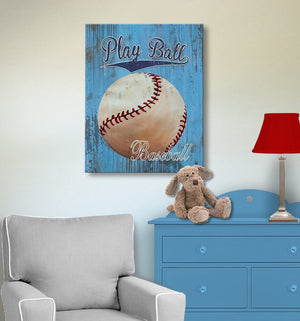 Rustic Baseball Play Ball Canvas Wall Art - Vintage Sports Decor - Boy Room Artwork - Choice of Colors-MuralMax Interiors