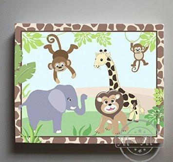 Safari Animals Nursery Wall Art - Nursery Animals - Elephant Giraffe Lion Stretched Canvas Nursery Art