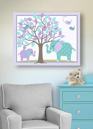 Safari Nursery Art - Elephant Girls Room Decor - Mom & Baby Elephant Canvas Art - Purple Aqua-MuralMax Interiors