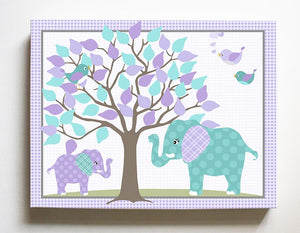 Safari Nursery Art - Elephant Girls Room Decor - Mom & Baby Elephant Canvas Art - Purple Aqua-MuralMax Interiors