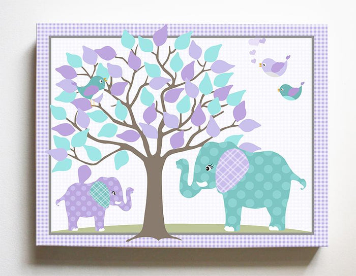 Safari Nursery Art - Elephant Girls Room Decor - Mom & Baby Elephant Canvas Art - Purple Aqua