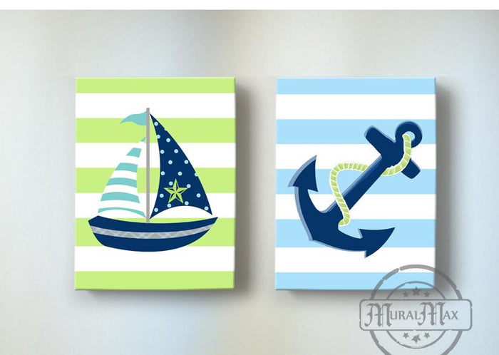 Sailboat & Anchor Nautical Boy Nursery Art - Canvas Nursery Wall Decor - Set of 2-Navy & Green Decor
