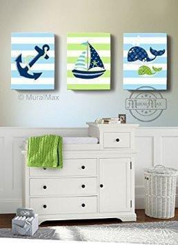 Sailboat Anchor & Whale Nautical Baby Boy Nursery Canvas Wall Decor - Set of 3 Navy & Green Decor