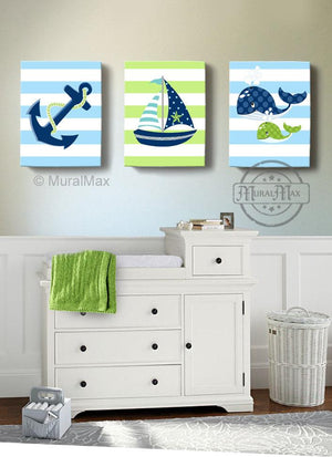 Sailboat Anchor &amp; Whale Nautical Baby Boy Nursery Canvas Wall Decor - Set of 3 Navy &amp; Green DecorBaby ProductMuralMax Interiors