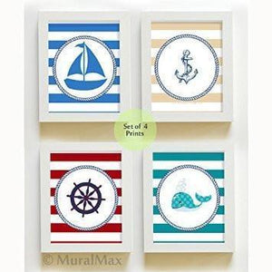 Striped Boating Nursery Theme - Unframed Prints - Set of 4-B018KOBQ0K-MuralMax Interiors