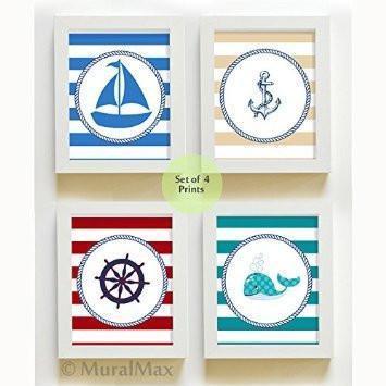 Striped Boating Nursery Theme - Unframed Prints - Set of 4-B018KOBQ0K