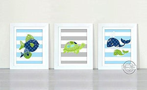 Striped Nautical Art - Whale Turtle & Fish Nursery Art - Set of 3 - Unframed Prints-MuralMax Interiors