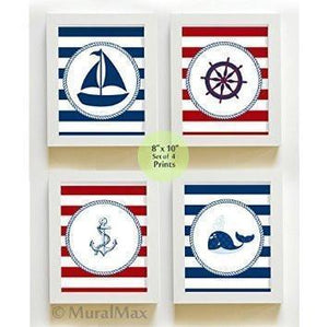 Striped Nautical Nursery Wall Art - Unframed Prints - Set of 4-B018KOBMHW-MuralMax Interiors