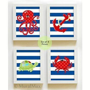 Striped Ocean Life & Nautical Collection - Unframed Prints - Set of 4-B018KOD680