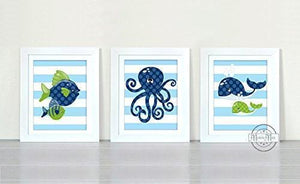 Striped Whimsical Octopus & Friends Theme - Set of 3 - Unframed Prints-B01CRT7G0S-MuralMax Interiors