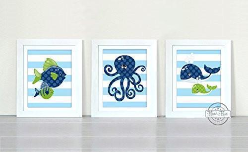 Striped Whimsical Octopus & Friends Theme - Set of 3 - Unframed Prints-B01CRT7G0S
