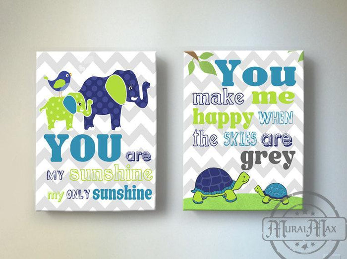 Sunshine Lyrics Baby Boy Nursery Art - Canvas Wall Decor - Turtles & Friends - Set of 2