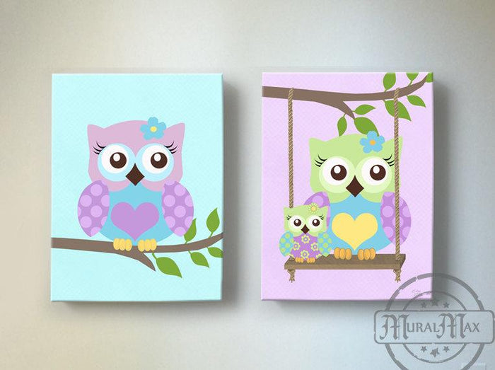 Swinging Mom & Baby Owl Nursery Art - Purple Owl Canvas Decor  -Set of 2 Art