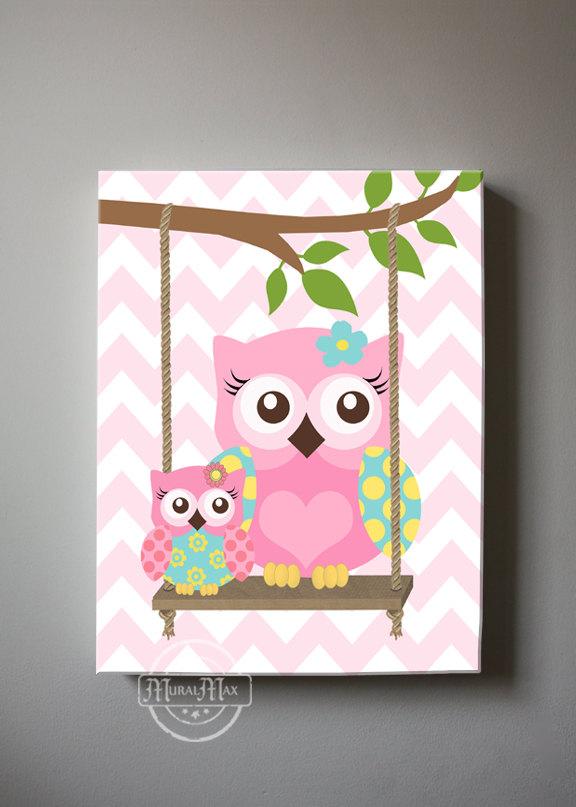 Swinging Owls Baby Girl Nursery Decor - Pink Aqua Canvas Wall Art -The Owl Collection