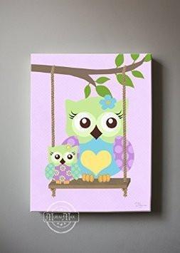Swinging Owls Nursery Art - Purple Aqua Green Owl Canvas Wall Art-MuralMax Interiors