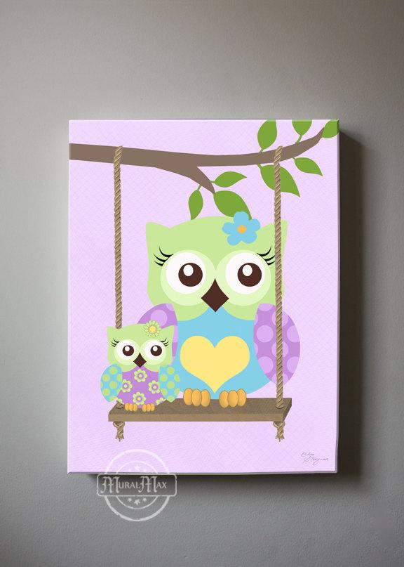Swinging Owls Nursery Art - Purple Aqua Green Owl Canvas Wall Art