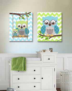 Teal Green Owls Decor - Boys Room Canvas Wall Art -The Owl Collection - Set of 2-MuralMax Interiors