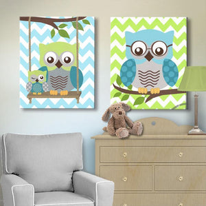 Teal Green Owls Decor - Boys Room Canvas Wall Art -The Owl Collection - Set of 2-MuralMax Interiors