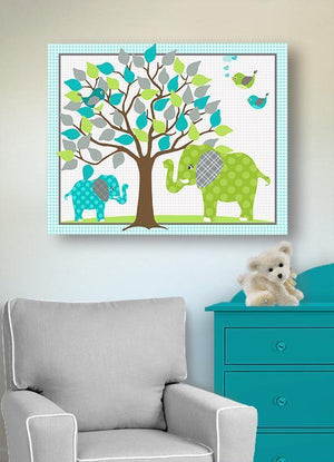 Teal Lime Nursery Decor - Elephant and Tree Canvas Nursery Art - Safari Animals Decor-MuralMax Interiors