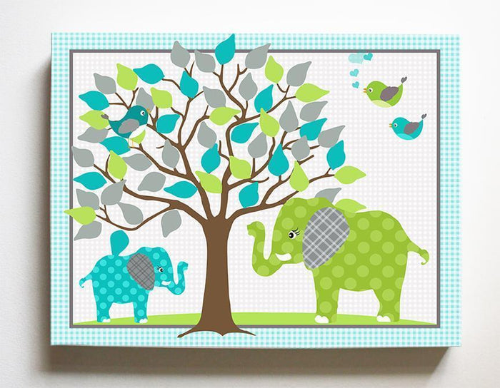 Teal Lime Nursery Decor - Elephant and Tree Canvas Nursery Art - Safari Animals Decor