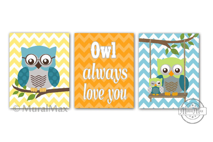 Teal Orange Owl Nursery Prints - Owl Always Love You - Unframed Prints - Set of 3