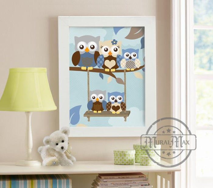 The Owl Family of 5 Nursery Decor - Unframed Print - Blue Brown Decor