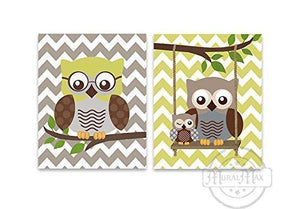 The Owl Kids Nursery Decor - Chevron Unframed Prints - Set of 2 - Brown Olive Decor-MuralMax Interiors
